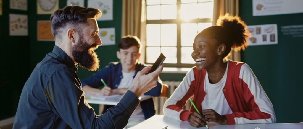 Switch Mentoring group session — mentor engaging with students in a classroom, encouraging laughter and confidence.