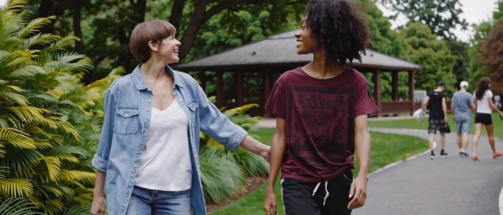 Mentor walking outdoors with a young person, building trust and supporting educational engagement through positive mentoring.