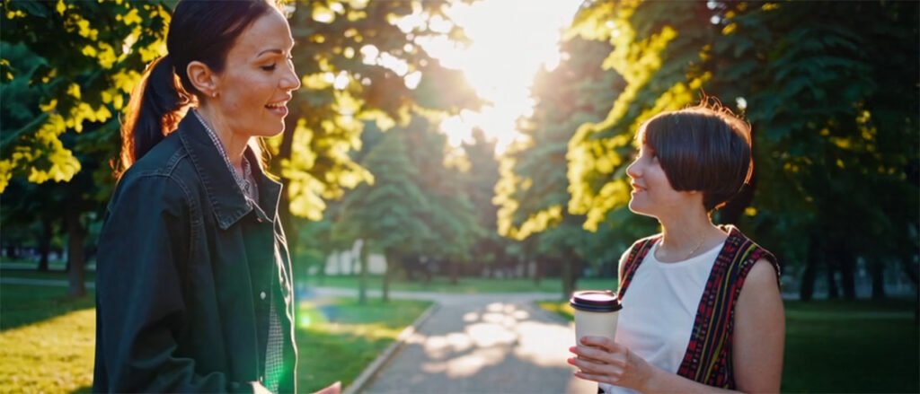 Mentor having a supportive one-to-one conversation with a young person outdoors, building trust and personal growth through mentoring.