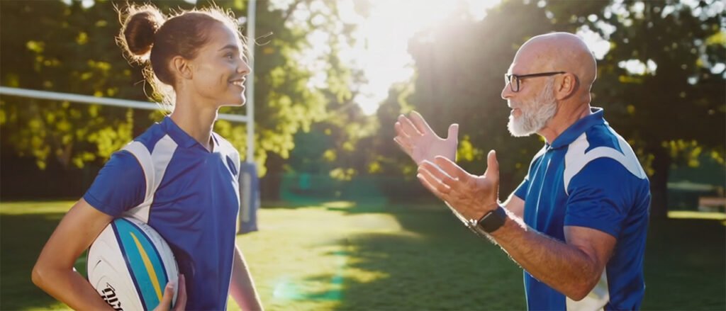 Switch Mentoring rugby session — coach encouraging a young player holding a ball on the pitch.