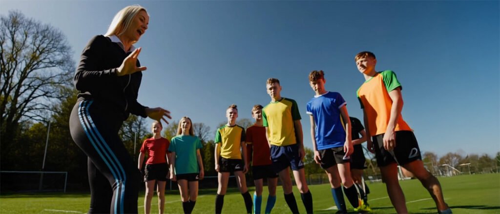 Coach leading a group of teenagers in coloured sports kits during an outdoor rugby mentoring session on a sunny field.