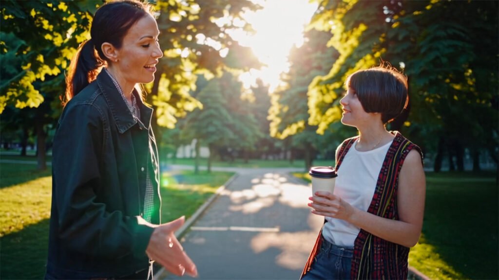 Mentor having a supportive one-to-one conversation with a young person outdoors, building trust and personal growth through mentoring.