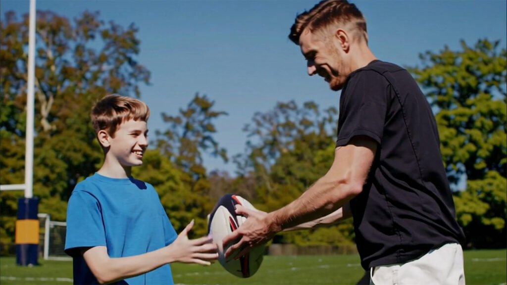 Rugby mentor coaching a young player on the pitch, building confidence and skills through Switch Mentoring’s sports-based support.