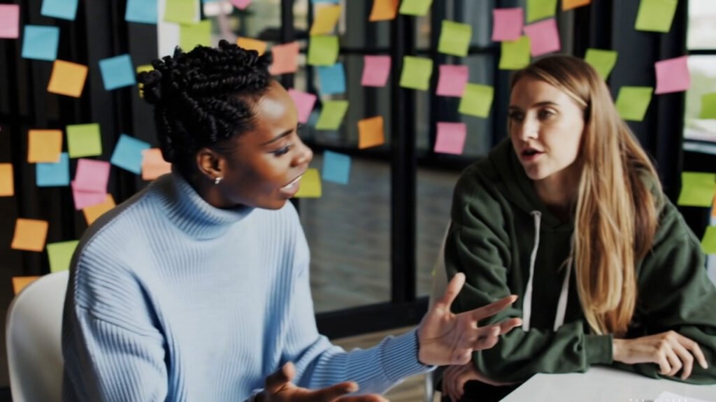 Switch Mentoring mentor supporting a student during a one-to-one school placement session, discussing goals in a creative classroom.