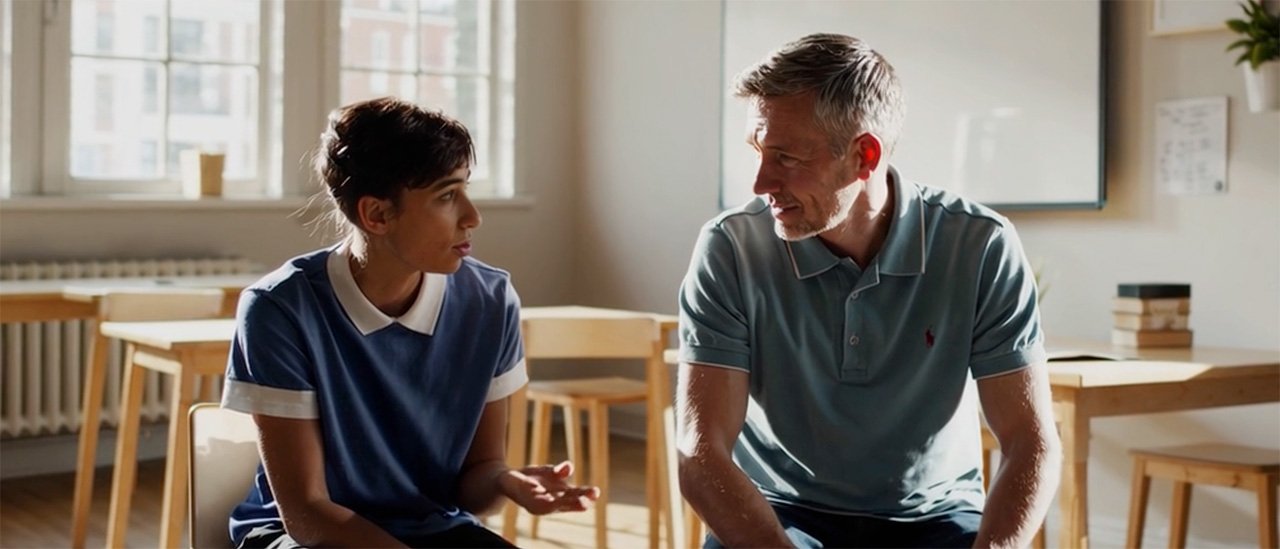 A dedicated mentor supporting a student in a UK classroom, with natural light from the windows creating a calm, positive environment that reflects Switch Mentoring’s school placement programme.